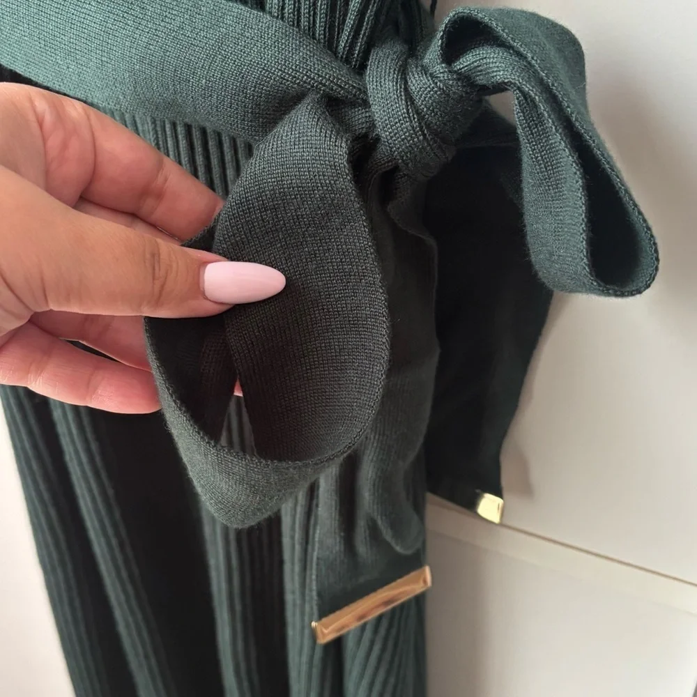 Calvin Klein Forest Green Ribbed Sweater Dress Size XL Mock Neck Tie Waist - Picture 4 of 4